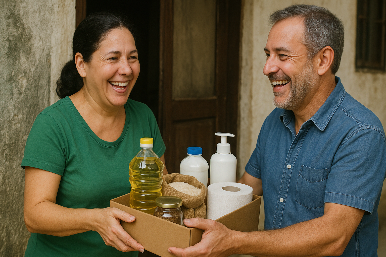 Mujer cubana sonriente recibe una caja con productos esenciales como arroz, aceite, leche y artículos de aseo de un hombre solidario frente a una casa con paredes envejecidas