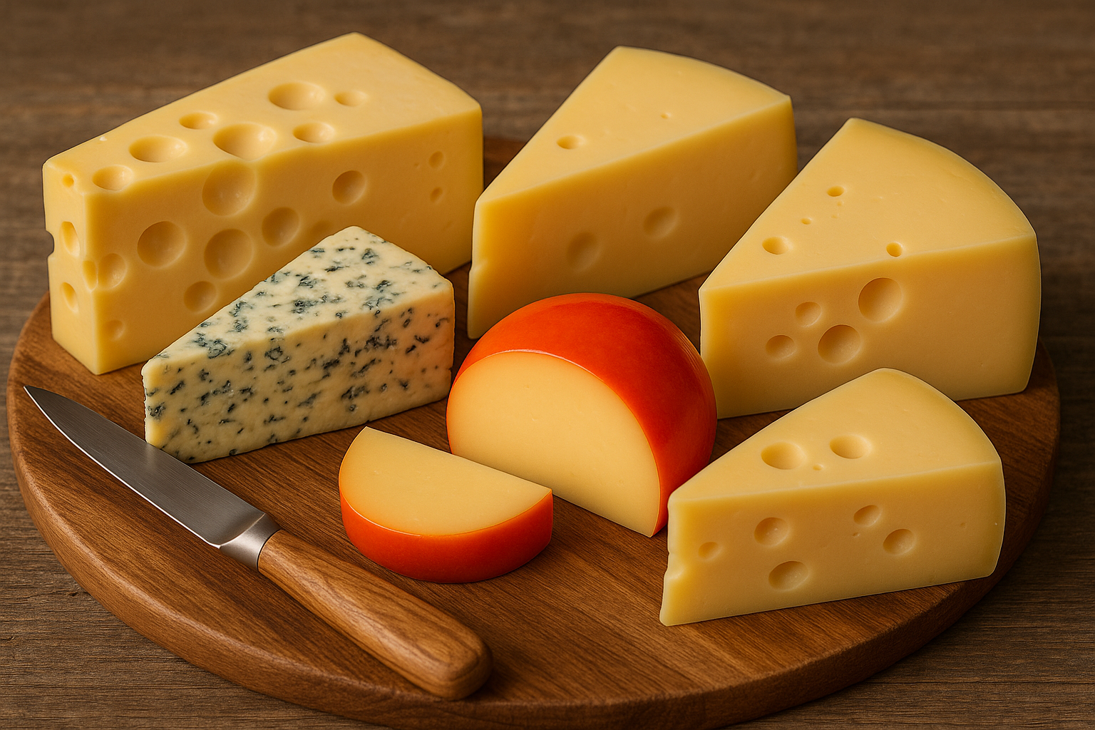 Tabla de madera con una variedad de quesos, incluyendo gouda, edam, emmental y queso azul, acompañada de un cuchillo con mango de madera sobre una superficie rústica.
